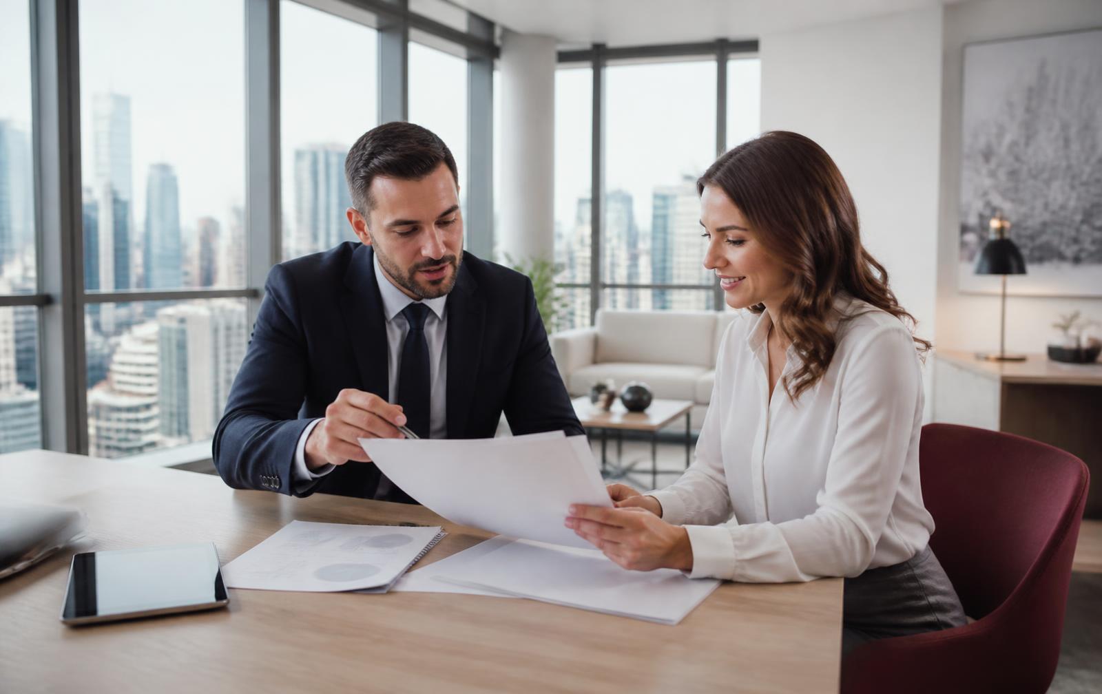 Especialistas TradeRisk analisando documentos técnicos de subscrição em escritório corporativo