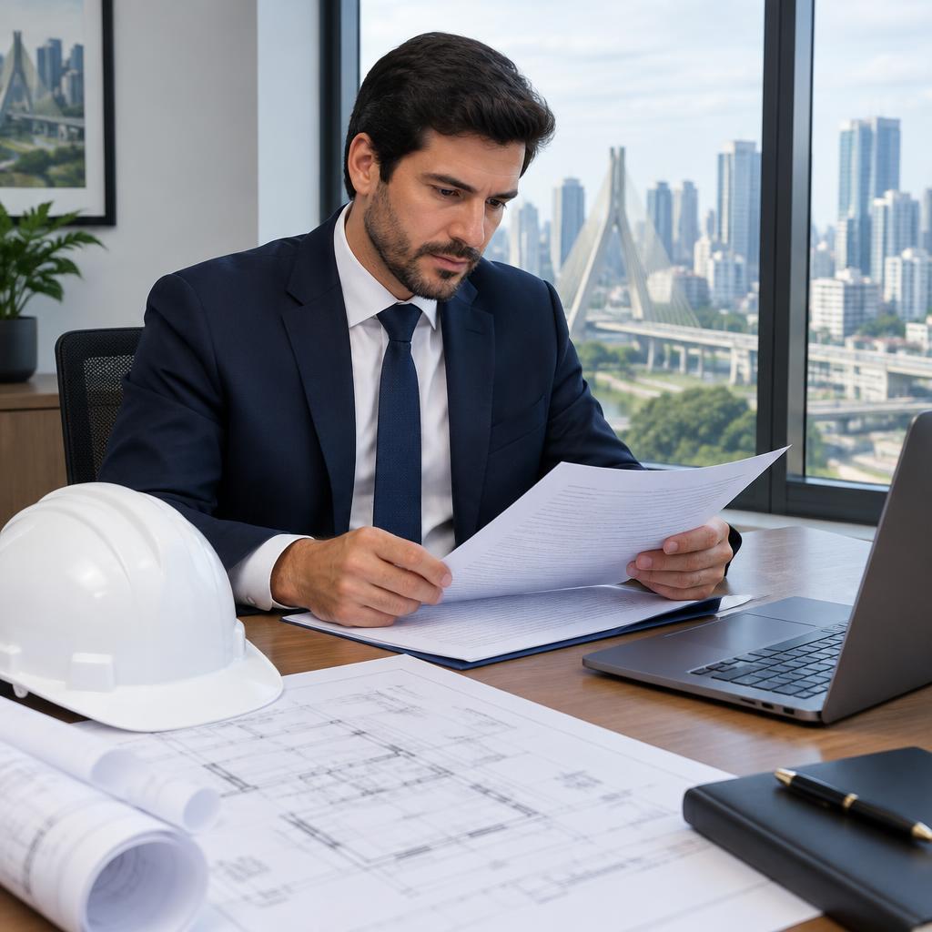 Especialista analisando contrato de Seguro Garantia com plantas de obra